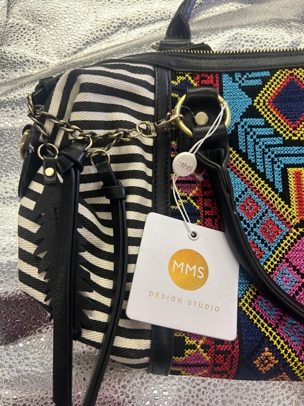 MMS Design Studio Boho Tribal Satchel | Zebra Print & Embroidered Crossbody Bag